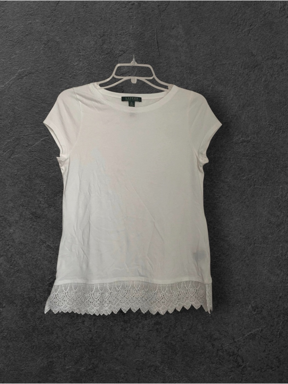 Lauren Ralph Lauren White Lace Hem Top Women’s Medium Soft Cotton Modal Blouse